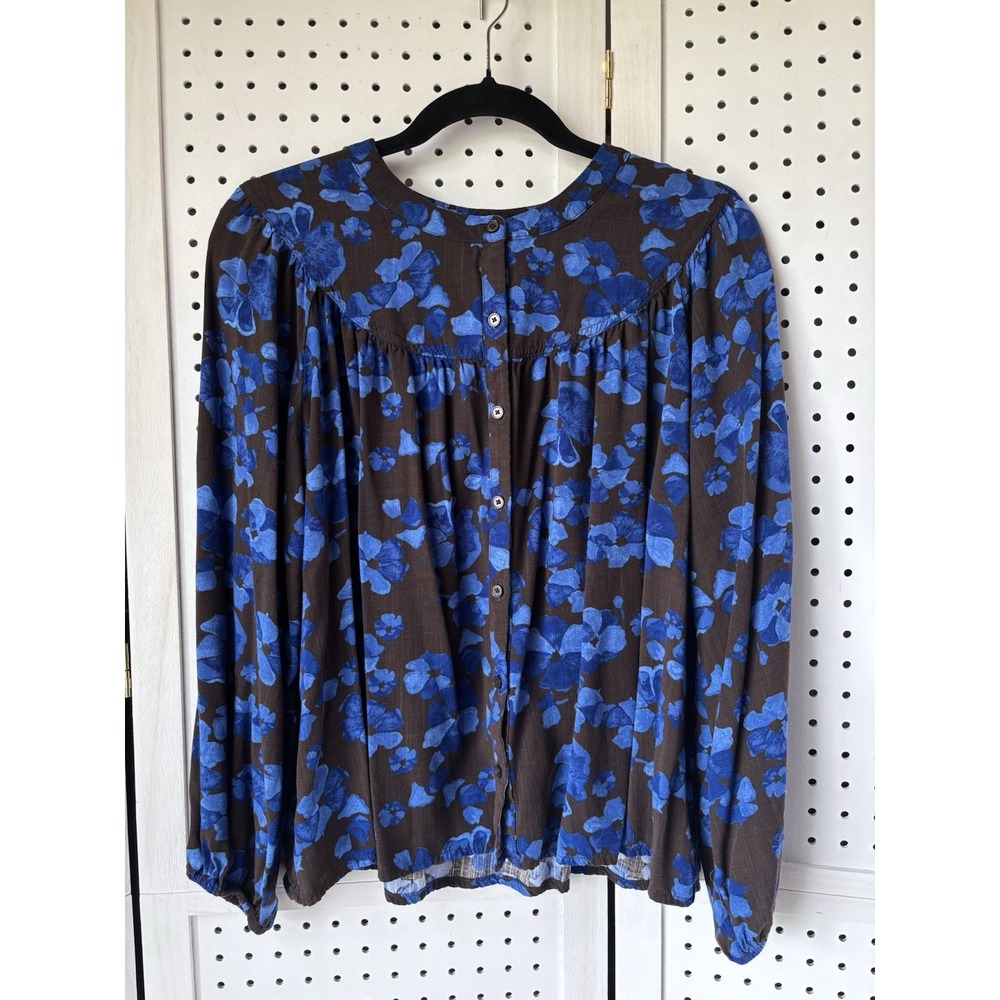 A New Day Shirt, Women's Size LG, Brown and Deep Blue Floral Blouse, Button Down
